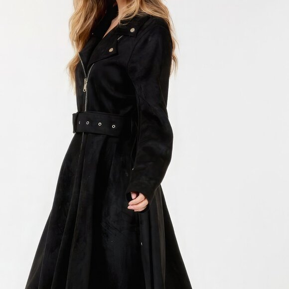 Waist Belt Tacked Faux Suede Coat Solid Coat - Picture 3 of 4